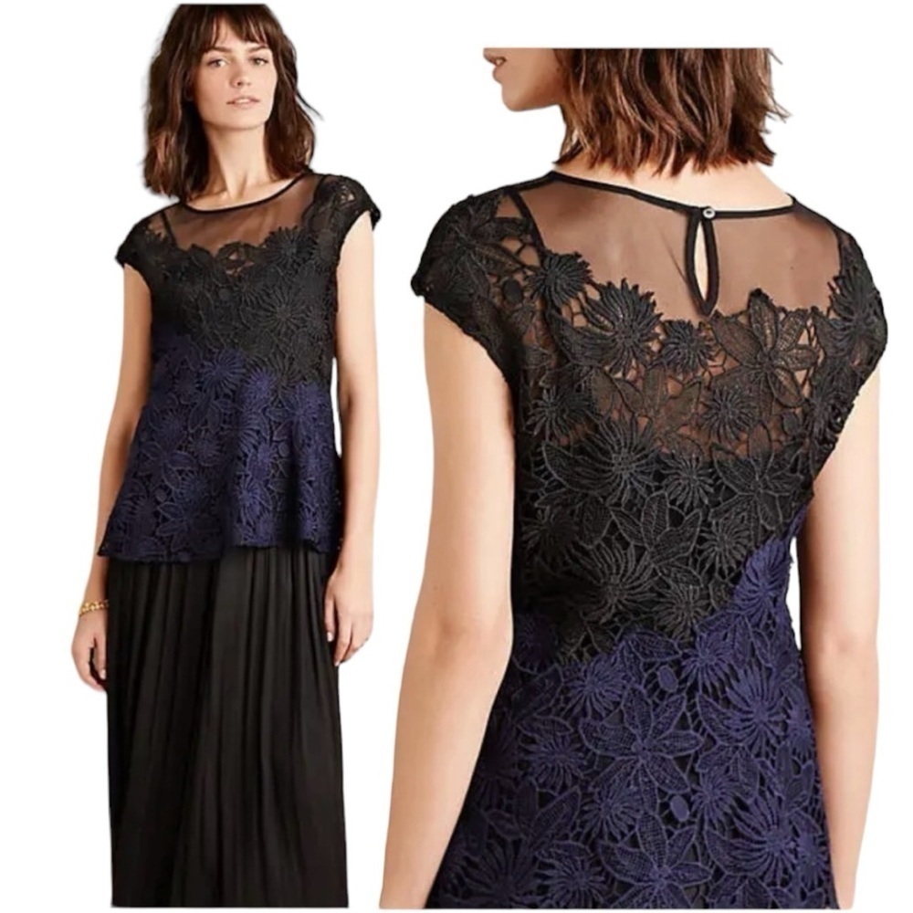 Deletta Garden Guise Mesh and Lace Top Blouse Black & Navy Occasion Top NEW